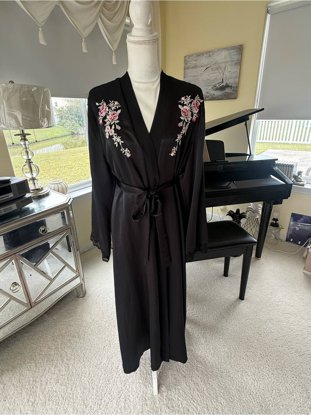 California Dynasty Vintage black silky long robe embroidery floral romantic